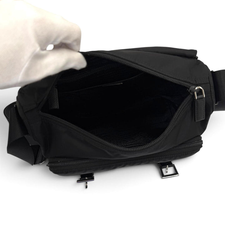 美品▼PRADA プラダ 1BD953 ナイロン レザー Re-Nylon トライアングルロゴ 三角プレート ショルダーバッグ ブラック メンズ 保存袋付き