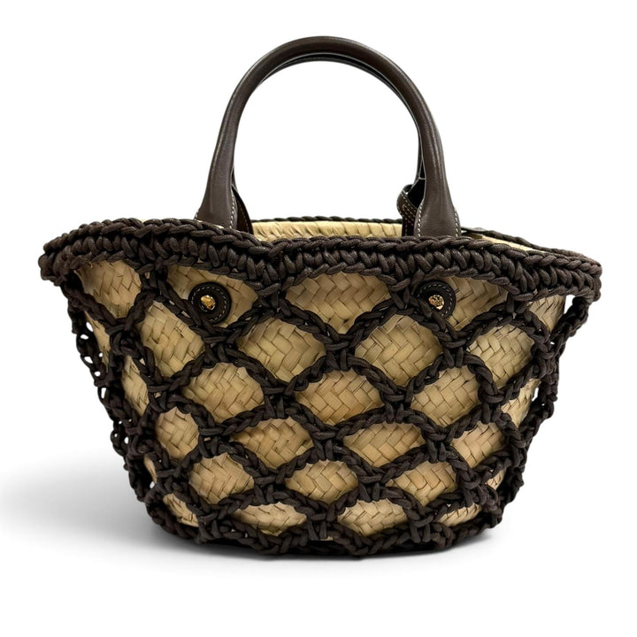 美品★TOD’S トッズ ラフィア チャーム・ポーチ付 レザー使い バスケット 2WAY かごバッグ トートバッグ ナチュラル ブラウン 伊製