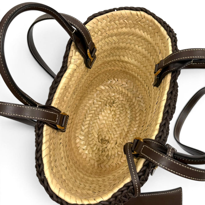 美品★TOD’S トッズ ラフィア チャーム・ポーチ付 レザー使い バスケット 2WAY かごバッグ トートバッグ ナチュラル ブラウン 伊製