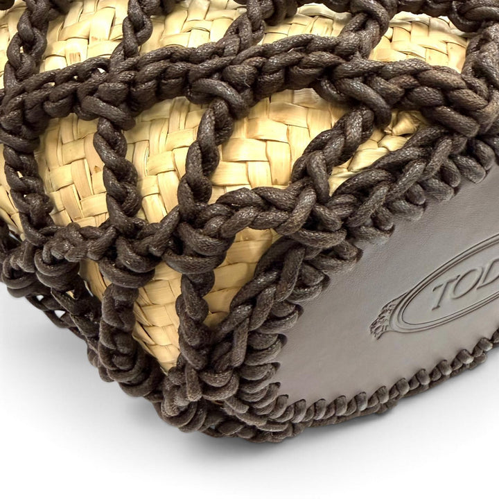 美品★TOD’S トッズ ラフィア チャーム・ポーチ付 レザー使い バスケット 2WAY かごバッグ トートバッグ ナチュラル ブラウン 伊製