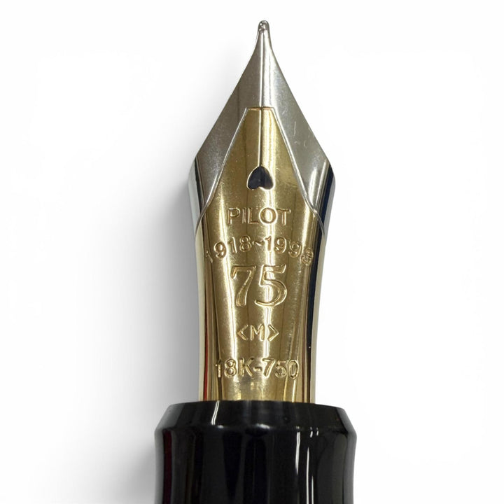 美品▼PILOT パイロット ペン先18K Mニブ 創立75周年記念 75th Anniversary 万年筆 ブラック ゴールド メンズ インク付き