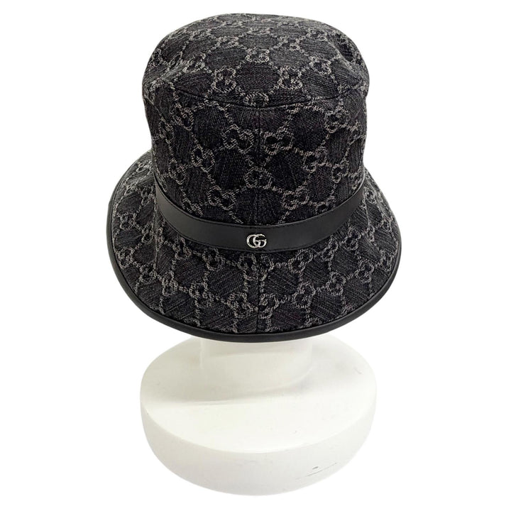極美品△GUCCI グッチ 768647 コットン GGマーモント ロゴ レザートリミング バケットハット 帽子 ブラック S 56cm 正規品 保存袋付き