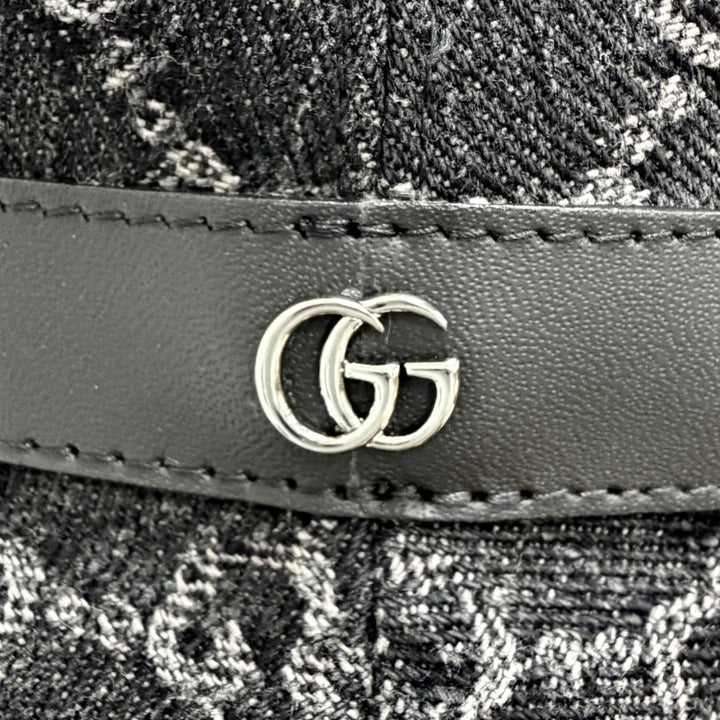 極美品△GUCCI グッチ 768647 コットン GGマーモント ロゴ レザートリミング バケットハット 帽子 ブラック S 56cm 正規品 保存袋付き