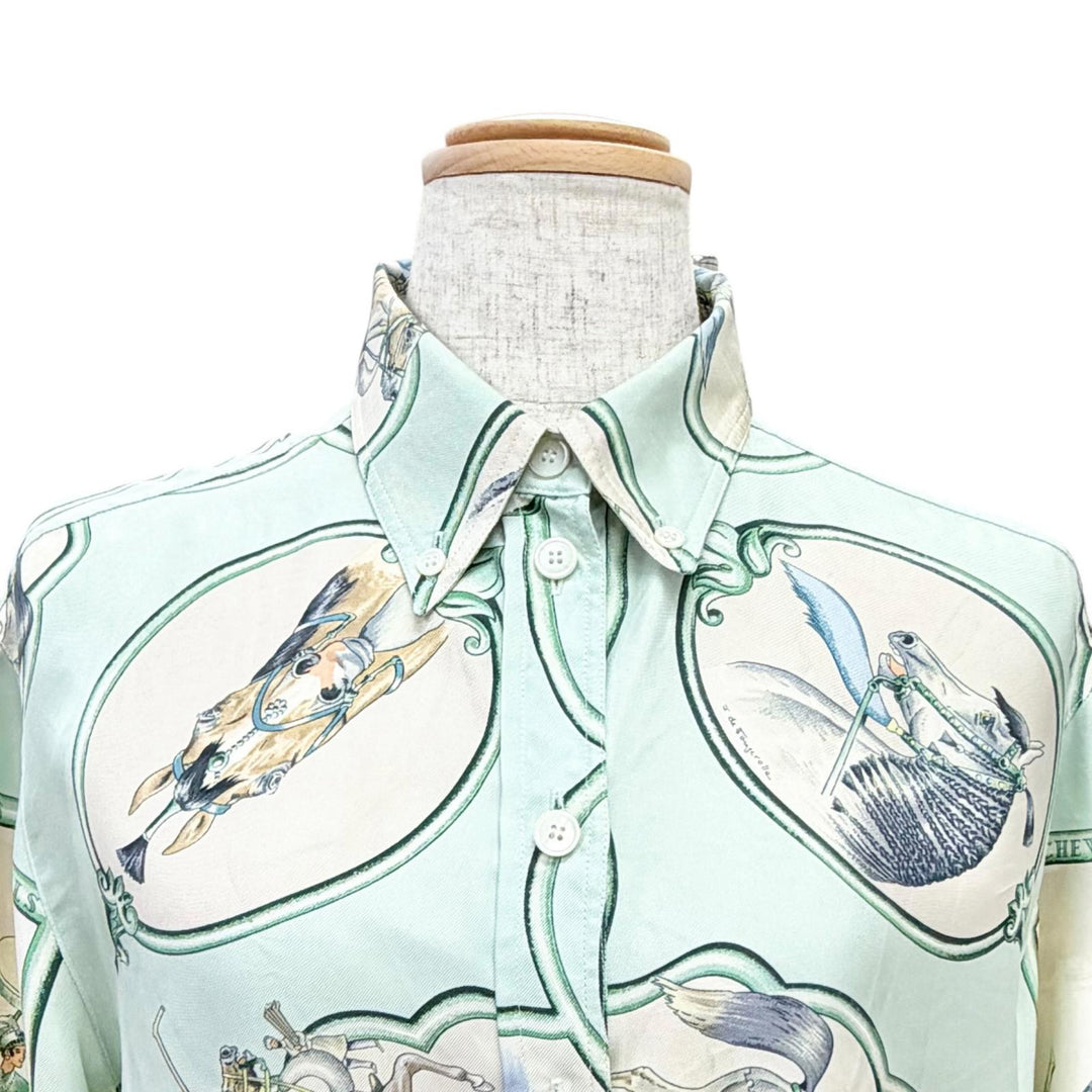 極美品△HERMES エルメス LES CHEVAUX DES MOGHOLS ムガル王朝の馬 シルク100％ マルジェラ期 長袖シャツ ライトグリーン アイボリー 34