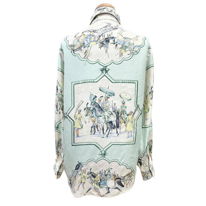 極美品△HERMES エルメス LES CHEVAUX DES MOGHOLS ムガル王朝の馬 シルク100％ マルジェラ期 長袖シャツ ライトグリーン アイボリー 34