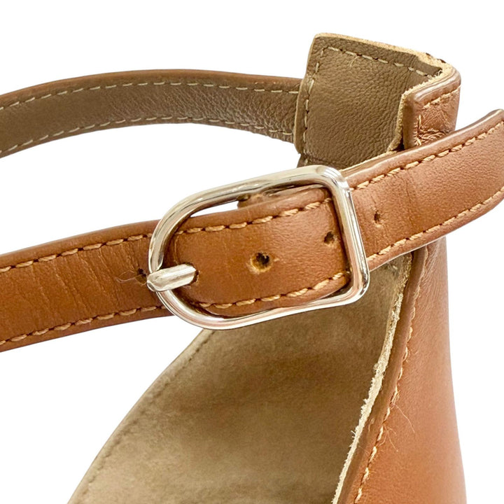 極美品△HERMES エルメス 172196Z レジェンド Hロゴ アンクルストラップ レザー ウエッジソール サンダル ブラウン 36.5 箱・保存袋付き