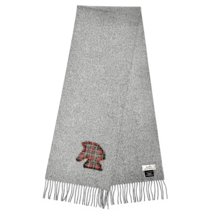 極美品△HERMES エルメス ハイランズ カシミヤ100％ タータンチェック 馬モチーフ ロゴ刺繍 フリンジ マフラー グレー イギリス製 箱付き