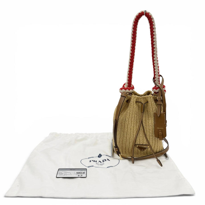 極美品☆PRADA プラダ 1BE068 クロシェ ミニ バケット トライアングルロゴ レザー使い ラフィア 2WAY ショルダーバッグ ハンドバッグ