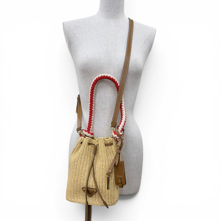 極美品☆PRADA プラダ 1BE068 クロシェ ミニ バケット トライアングルロゴ レザー使い ラフィア 2WAY ショルダーバッグ ハンドバッグ
