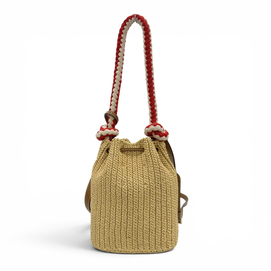 極美品☆PRADA プラダ 1BE068 クロシェ ミニ バケット トライアングルロゴ レザー使い ラフィア 2WAY ショルダーバッグ ハンドバッグ