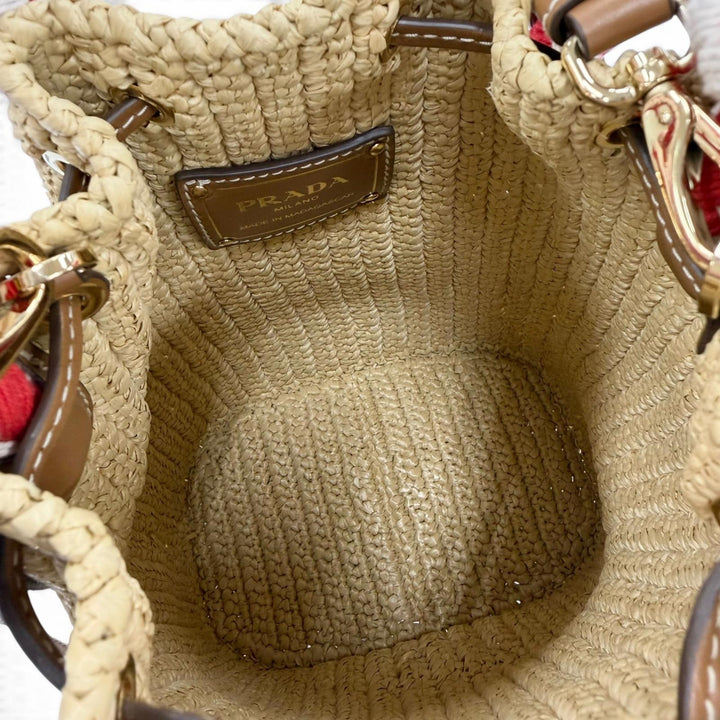 極美品☆PRADA プラダ 1BE068 クロシェ ミニ バケット トライアングルロゴ レザー使い ラフィア 2WAY ショルダーバッグ ハンドバッグ