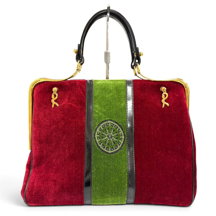 極美品△Roberta di Camerino ロベルタ ディ カメリーノ カラベラ ベロア レザー ダレスバッグ ハンドバッグ レッド グリーン 伊製 袋付
