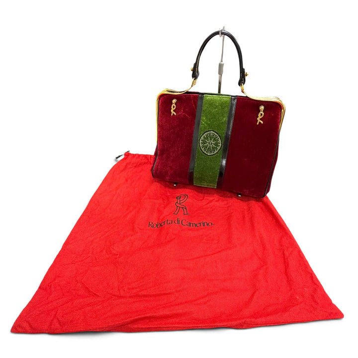 極美品△Roberta di Camerino ロベルタ ディ カメリーノ カラベラ ベロア レザー ダレスバッグ ハンドバッグ レッド グリーン 伊製 袋付