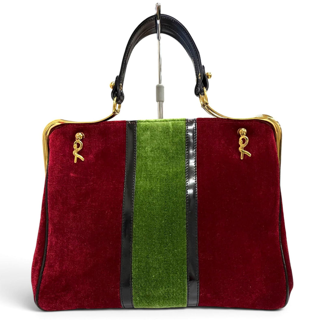 極美品△Roberta di Camerino ロベルタ ディ カメリーノ カラベラ ベロア レザー ダレスバッグ ハンドバッグ レッド グリーン 伊製 袋付