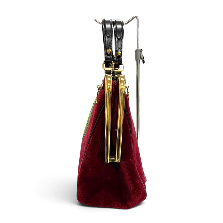 極美品△Roberta di Camerino ロベルタ ディ カメリーノ カラベラ ベロア レザー ダレスバッグ ハンドバッグ レッド グリーン 伊製 袋付
