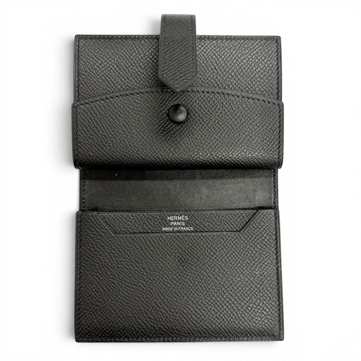 美品△HERMES エルメス ベアン ミニ ヴォーエプソン シルバー金具 コイン入れ有 コンパクトウォレット 二つ折り財布 ブラック K刻印 箱付