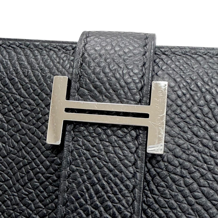 美品△HERMES エルメス ベアン ミニ ヴォーエプソン シルバー金具 コイン入れ有 コンパクトウォレット 二つ折り財布 ブラック K刻印 箱付