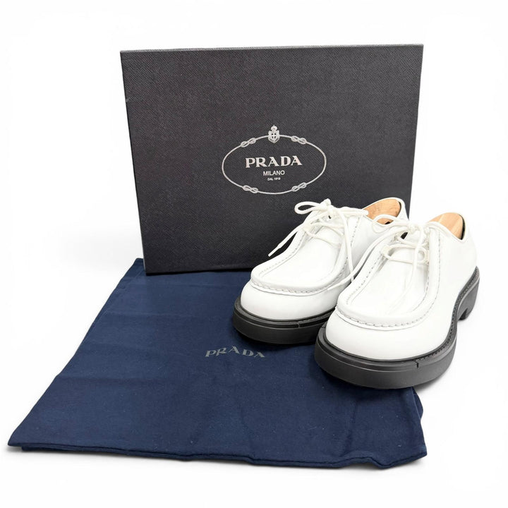 未使用品▼PRADA プラダ 2EG419 ダイアパソン オペークブラッシュドレザー シューズ ホワイト 5.5 (24.5cm) 伊製 メンズ 箱・保存袋付き