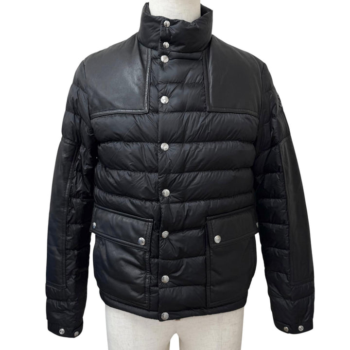 美品□MONCLER モンクレール 20-21AW BOUTMY GIUBBOTTO レザー切り替え WZIP ロゴワッペン ライトダウンジャケット ブラック 1 正規品