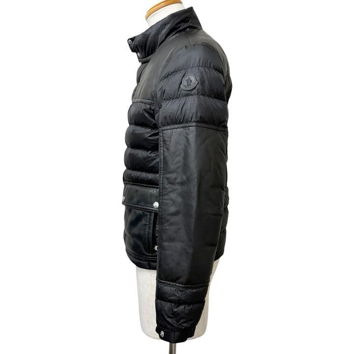 美品□MONCLER モンクレール 20-21AW BOUTMY GIUBBOTTO レザー切り替え WZIP ロゴワッペン ライトダウンジャケット ブラック 1 正規品