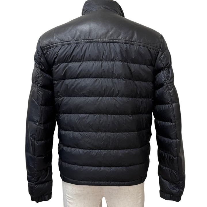 美品□MONCLER モンクレール 20-21AW BOUTMY GIUBBOTTO レザー切り替え WZIP ロゴワッペン ライトダウンジャケット ブラック 1 正規品