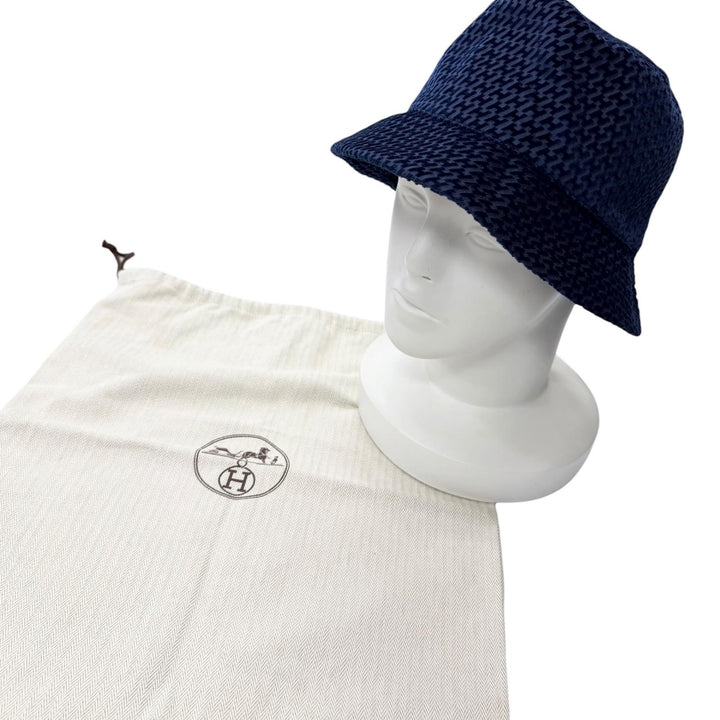 美品□HERMES エルメス ハーパー ヴェルヴェット セリエボタン Hロゴ総柄 バケットハット ブルー 56 フランス製 正規品 メンズ 保存袋付