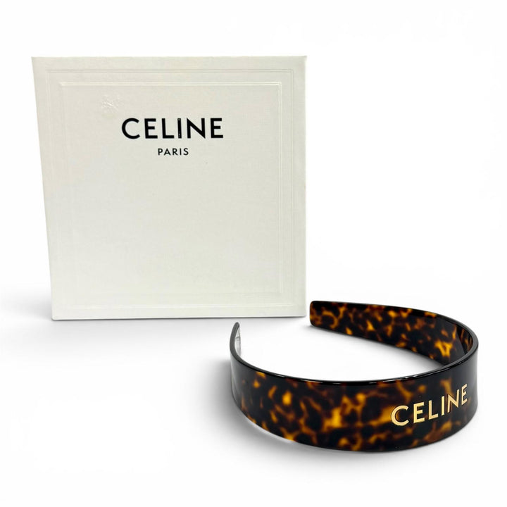 極美品★CELINE セリーヌ 46Y376CEA ヘッドバンド アセテート＆スチール ロゴデザイン べっ甲柄 カチューシャ ブラウン イタリア製 箱付