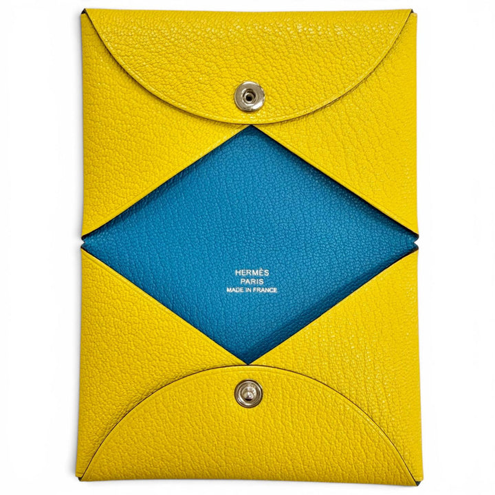 極美品△HERMES エルメス カルヴィ ヴェルソ シェーブルミゾル クミン ブルーザンジバル シルバー金具 カードケース B刻印 仏製 箱付き