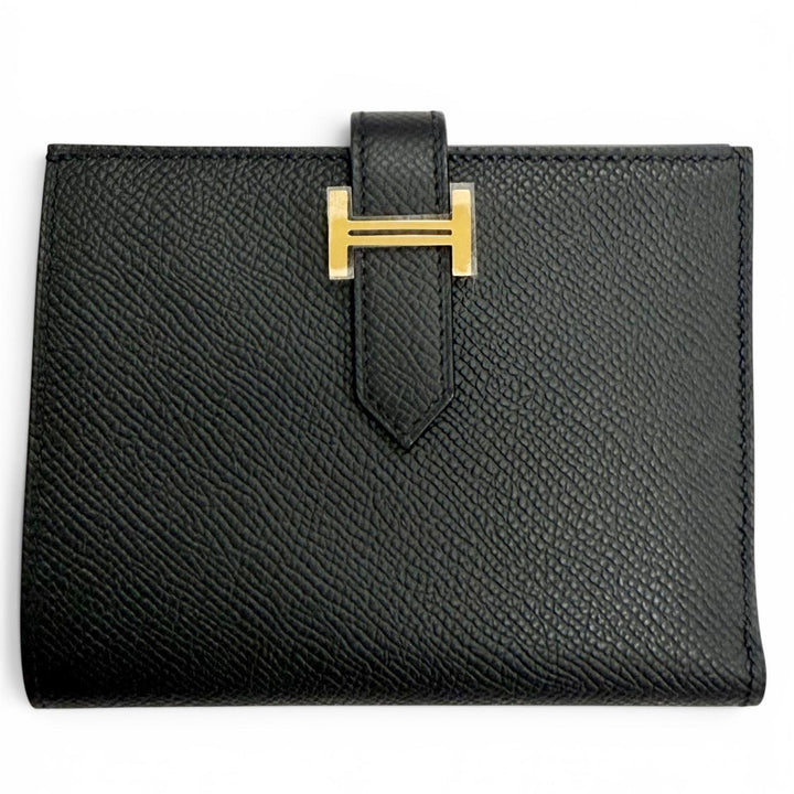 未使用品△HERMES エルメス ベアンコンパクト ヴォーエプソン ゴールド金具 コンパクトウォレット 二つ折り財布 ブラック K刻印 箱付き