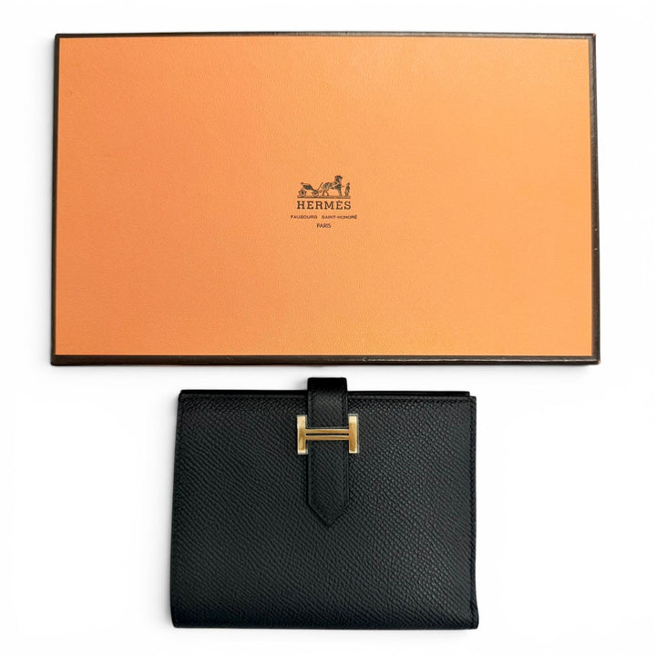 未使用品△HERMES エルメス ベアンコンパクト ヴォーエプソン ゴールド金具 コンパクトウォレット 二つ折り財布 ブラック K刻印 箱付き