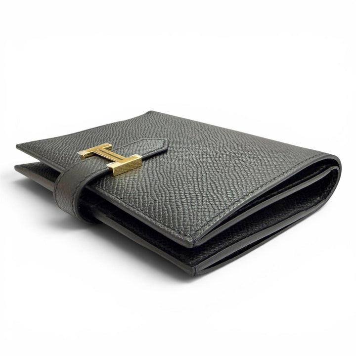 未使用品△HERMES エルメス ベアンコンパクト ヴォーエプソン ゴールド金具 コンパクトウォレット 二つ折り財布 ブラック K刻印 箱付き