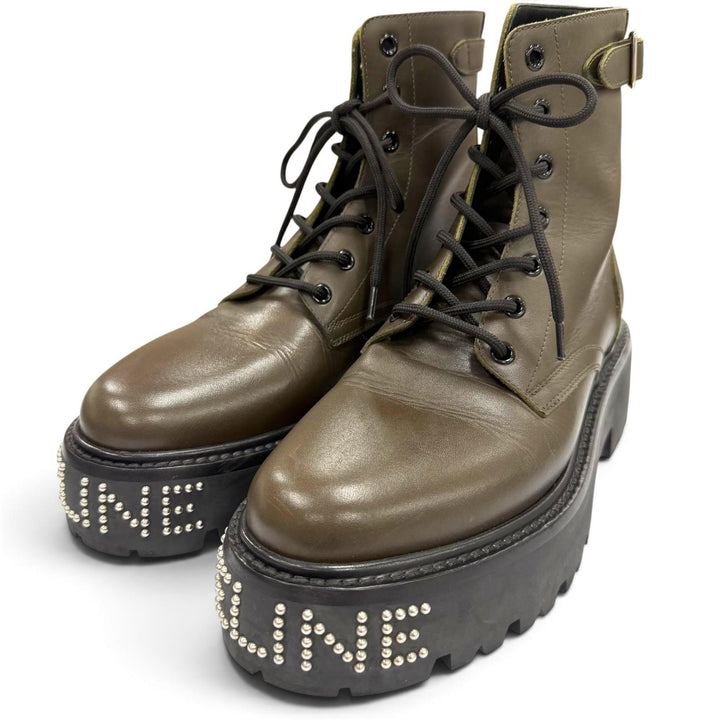 極美品▼CELINE セリーヌ 345983579C BULKY バルキー レザー スタッズロゴ レースアップ ブーツ カーキ 39 イタリア製 メンズ