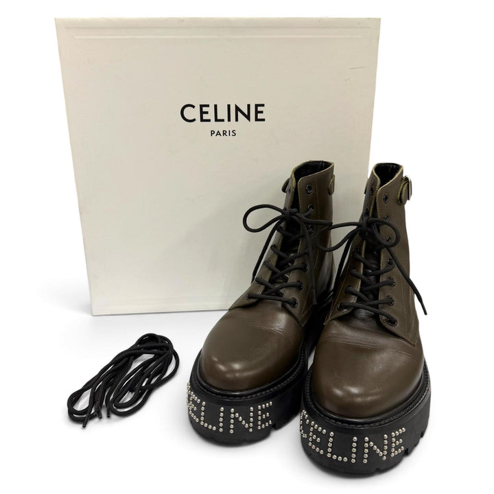 極美品▼CELINE セリーヌ 345983579C BULKY バルキー レザー スタッズロゴ レースアップ ブーツ カーキ 39 イタリア製 メンズ