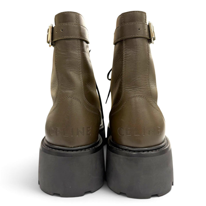 極美品▼CELINE セリーヌ 345983579C BULKY バルキー レザー スタッズロゴ レースアップ ブーツ カーキ 39 イタリア製 メンズ
