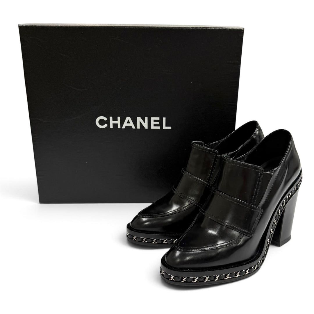 美品★CHANEL シャネル G29562 ココマーク チェーン付 レザー ローファー ブーティ ブラック シルバー金具 36.5 イタリア製 箱付き