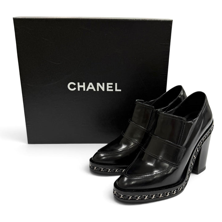 美品★CHANEL シャネル G29562 ココマーク チェーン付 レザー ローファー ブーティ ブラック シルバー金具 36.5 イタリア製 箱付き