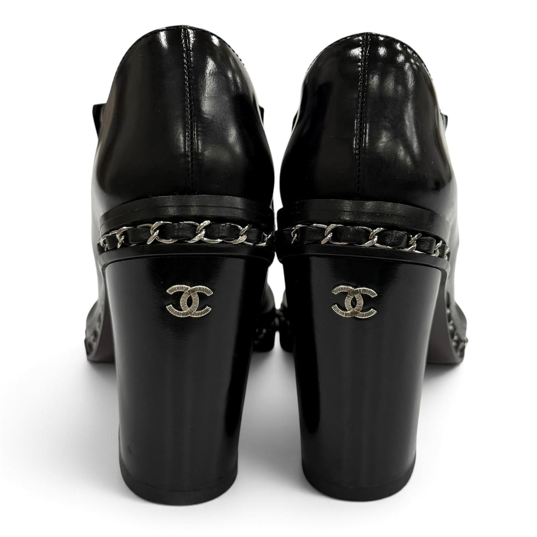 美品★CHANEL シャネル G29562 ココマーク チェーン付 レザー ローファー ブーティ ブラック シルバー金具 36.5 イタリア製 箱付き