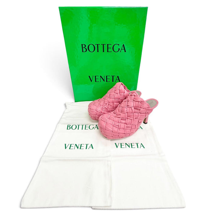 極美品△BOTTEGAVENETA ボッテガヴェネタ 630149 ミルクシェイク イントレチャート レザー プラットフォームサンダル ミュール ピンク 35