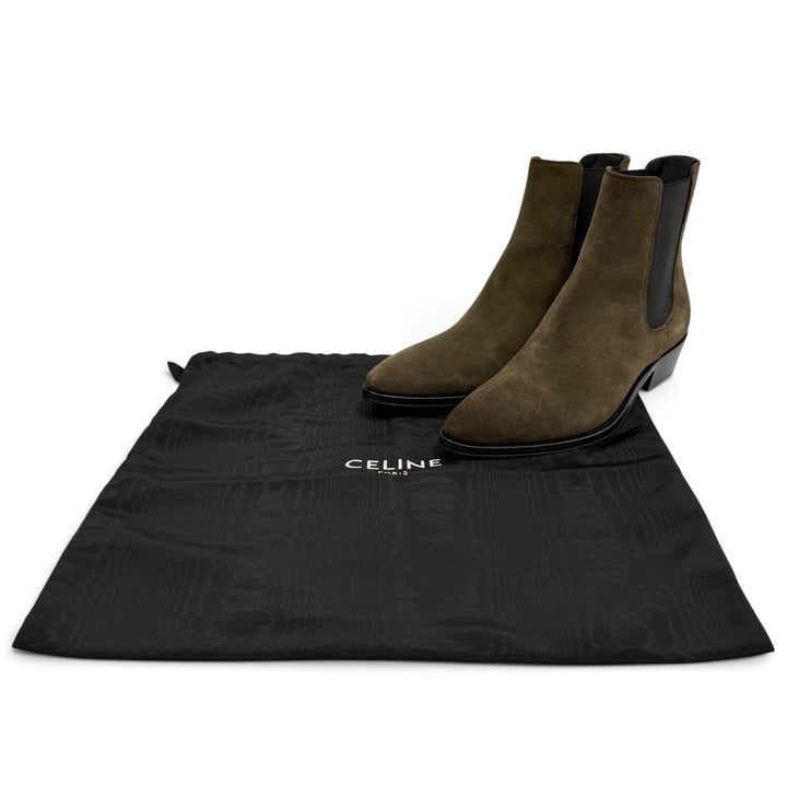 極美品★CELINE セリーヌ サイドゴア スウェードレザー チェルシーブーツ ショートブーツ カーキ 38 イタリア製 レディース 保存袋付き