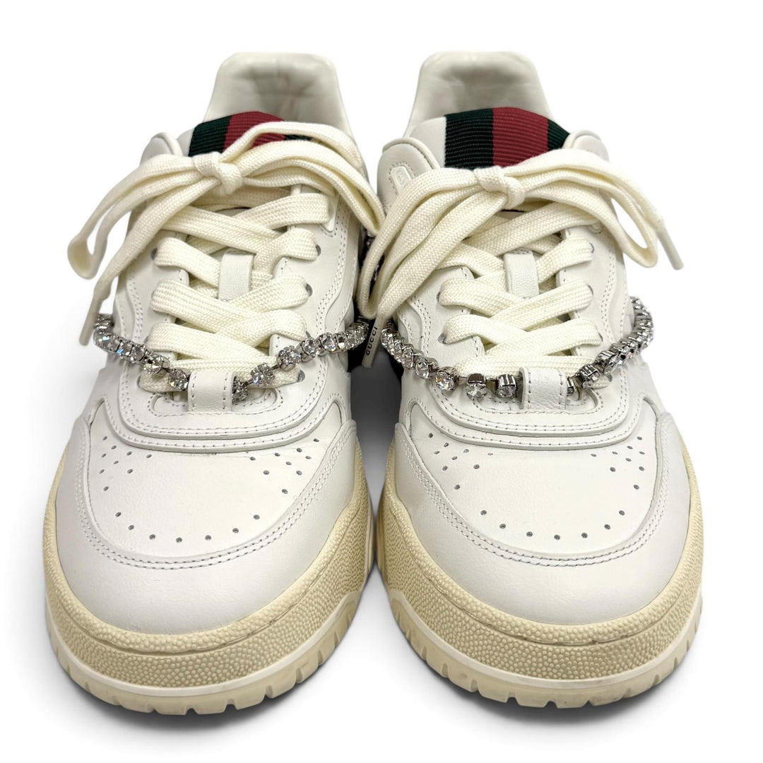 美品★GUCCI グッチ 795453 リウェブ ビジュー付 シェリーライン レザー スニーカー ホワイト 37 イタリア製 レディース 保存袋付き
