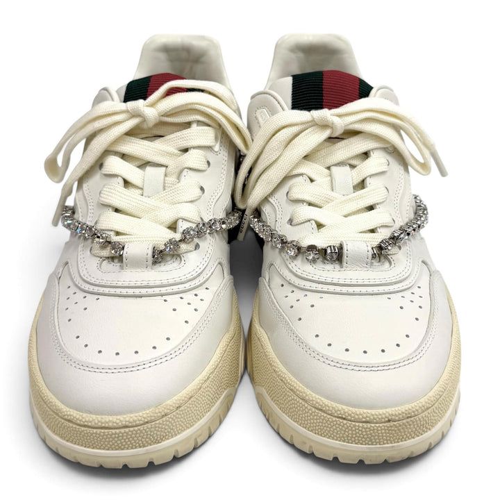 美品★GUCCI グッチ 795453 リウェブ ビジュー付 シェリーライン レザー スニーカー ホワイト 37 イタリア製 レディース 保存袋付き