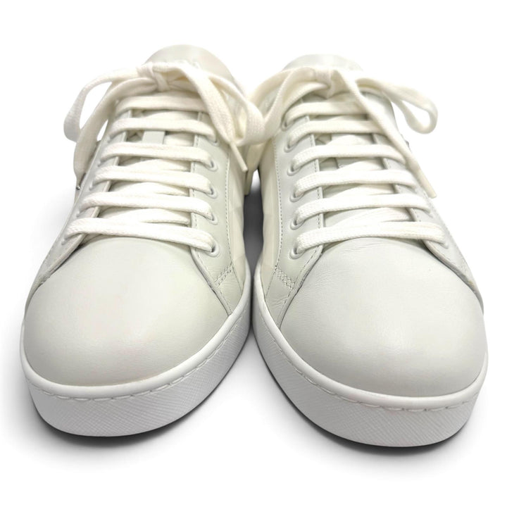 極美品▼PRADA プラダ 2EE376 ナイロン レザー Re-Nylon トライアングルロゴ 三角プレート ローカットスニーカー ホワイト 7.5 箱付き