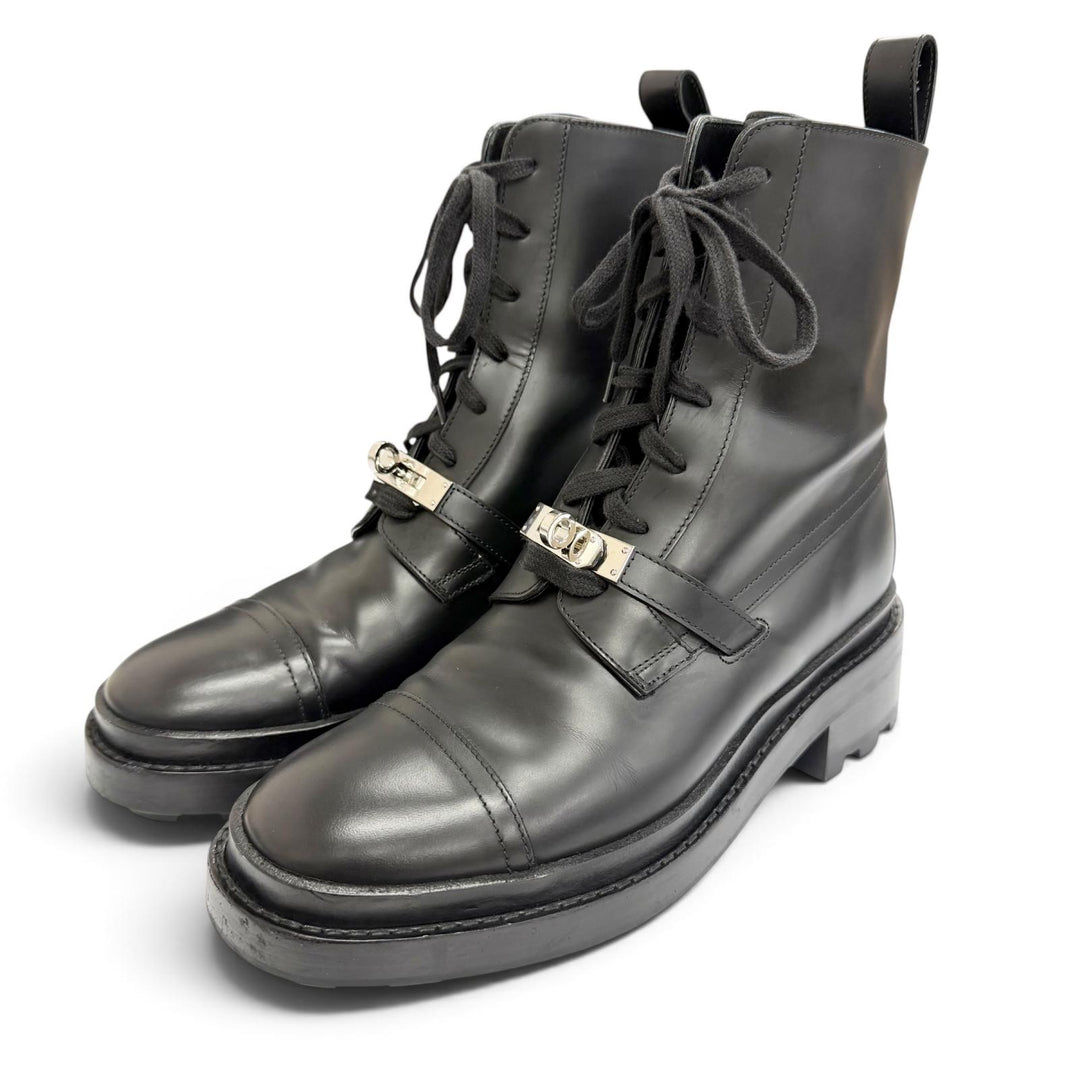 美品△HERMES エルメス 222070Z ファンク シルバー金具 ケリーバックル レースアップ レザー アンクルブーツ ショートブーツ 黒 37.5
