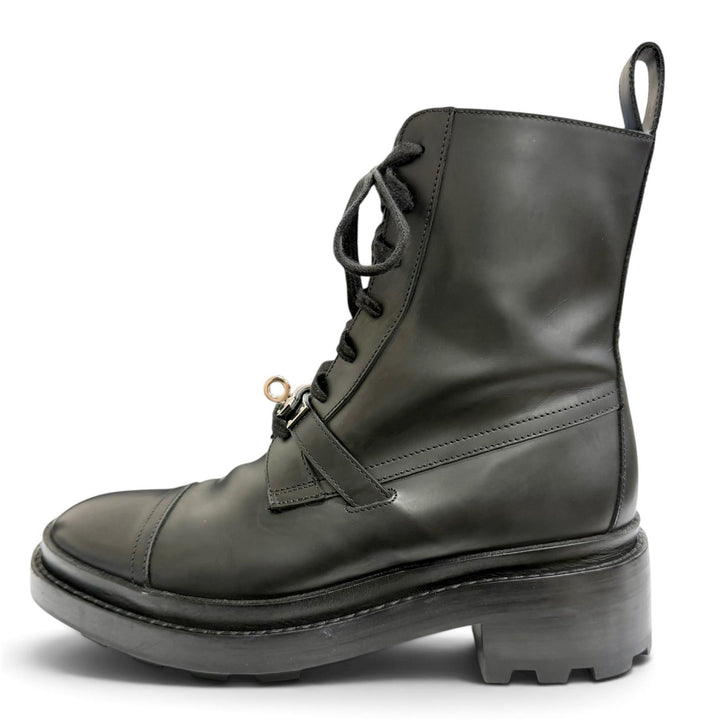 美品△HERMES エルメス 222070Z ファンク シルバー金具 ケリーバックル レースアップ レザー アンクルブーツ ショートブーツ 黒 37.5