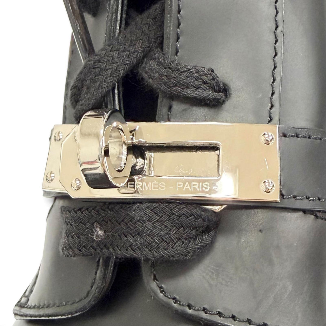 美品△HERMES エルメス 222070Z ファンク シルバー金具 ケリーバックル レースアップ レザー アンクルブーツ ショートブーツ 黒 37.5