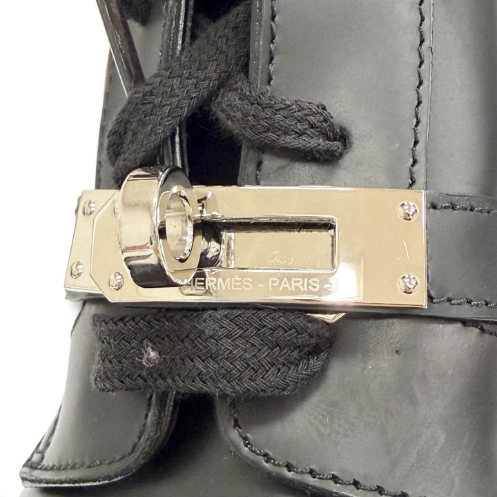 美品△HERMES エルメス 222070Z ファンク シルバー金具 ケリーバックル レースアップ レザー アンクルブーツ ショートブーツ 黒 37.5