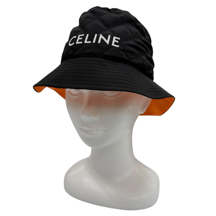 美品▼CELINE セリーヌ 2AUB8930C ロゴプリント キルティング 中綿 帽子 バケット ハット ブラック オレンジ M フランス製 正規品 メンズ