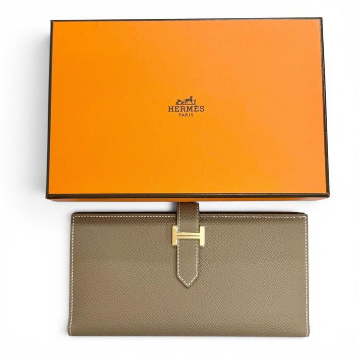 未使用品△HERMES エルメス ベアンスフレ ヴォーエプソン エトゥープ ゴールド金具 二つ折り レザー ロングウォレット 長財布 W刻印 箱付