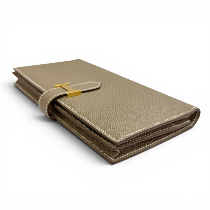 未使用品△HERMES エルメス ベアンスフレ ヴォーエプソン エトゥープ ゴールド金具 二つ折り レザー ロングウォレット 長財布 W刻印 箱付