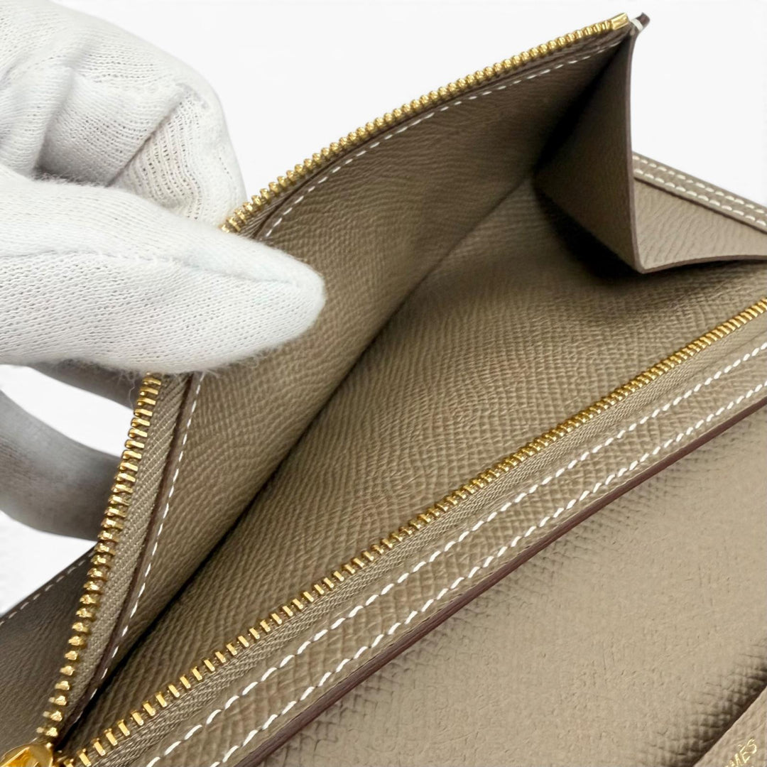 未使用品△HERMES エルメス ベアンスフレ ヴォーエプソン エトゥープ ゴールド金具 二つ折り レザー ロングウォレット 長財布 W刻印 箱付